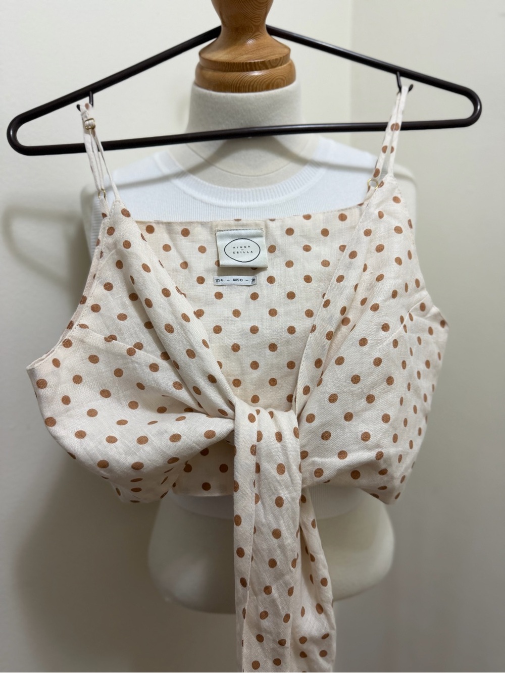 Kinga Csilla Linen Blend Polka Dot Tie-Front Cami - Cream with Brown Dots